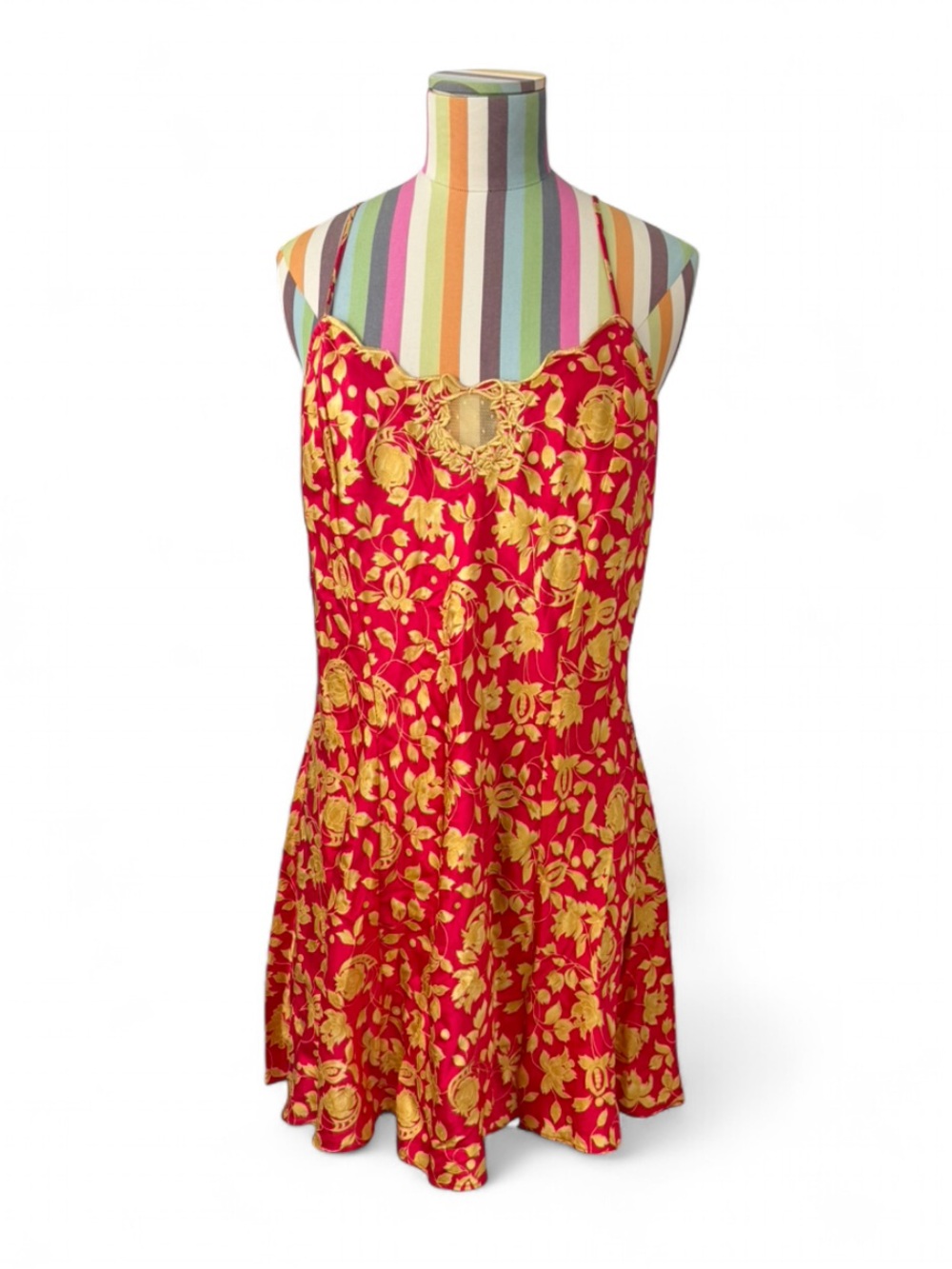 Vintage Victorias Secret 100% Silk Red & Gold Floral Mini Slip Dress